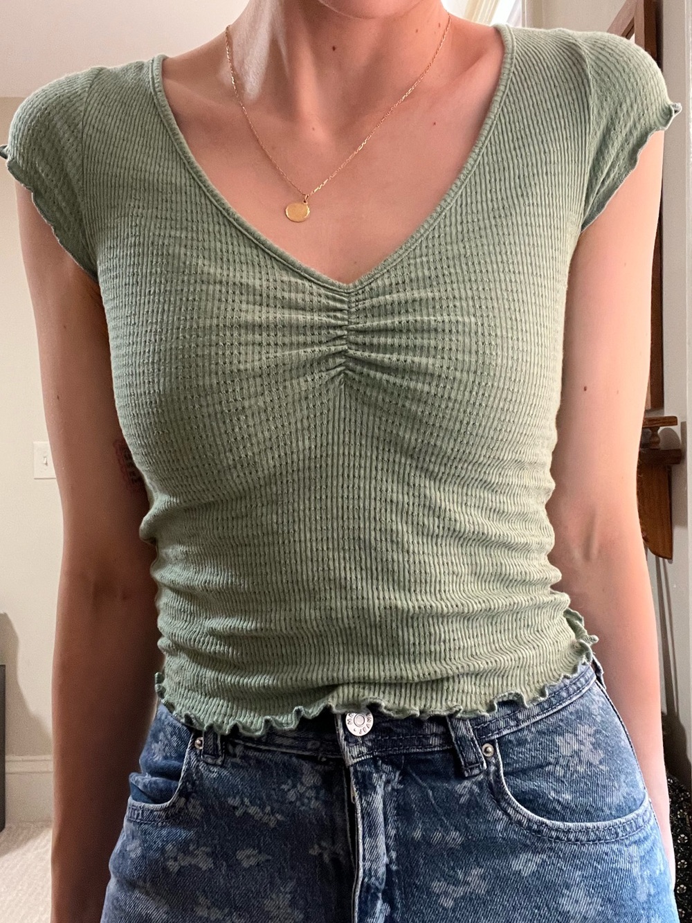 Ribbed V-Neck Cap Sleeve Top in Sage Green